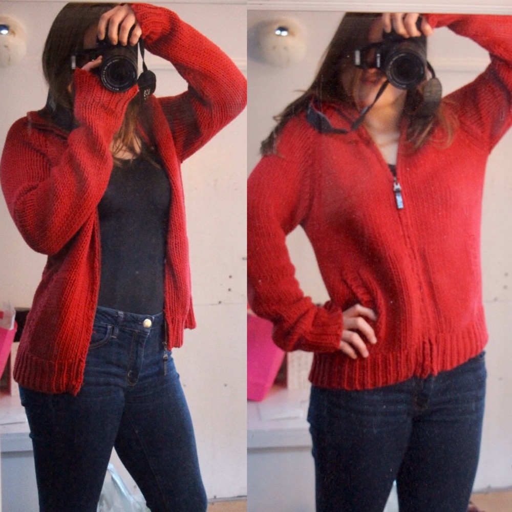 Red cable knit zip-up sweater
